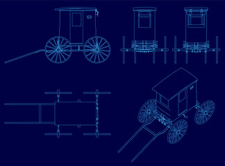 A detailed blueprint of a horse-drawn carriage features intricate contours and four large wheels. The retro cart design stands out against a solid blue background.