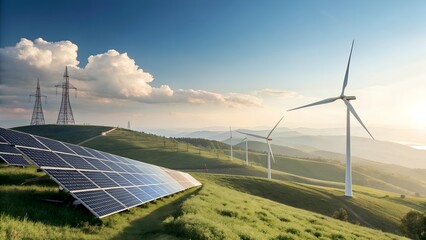 Sustainable Synergy Photovoltaic Panels & Wind Turbines in a Blue Sky Canvas.