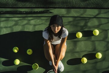 A young Asian female athlete sits on a tennis court surrounded by tennis balls, with sunlight casting interesting shadows.