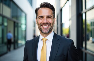 Fototapeta premium Confident businessman smiling outdoors in modern urban environment