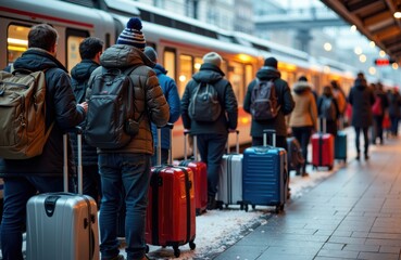 Woman waiting in line with luggage at train station during evening hours