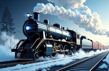 Naklejka premium A vintage steam locomotive travels through a snowy landscape on railway tracks with smoke billowing from its chimney