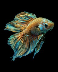 Fototapeta premium A vibrant and colorful betta fish with flowing fins, showcasing intricate textures and a vivid color palette against a black background.