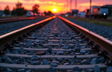 Obraz premium Sunset over railway tracks creating a dramatic perspective with vibrant orange and pink hues