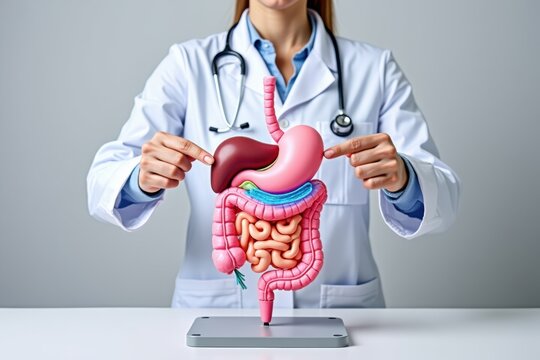 Doctor demonstrates human digestive system anatomy model for medical education