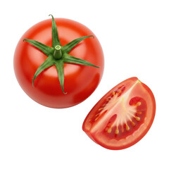One whole vibrant red tomato with green stem & a quarter-slice showing juicy red flesh, seeds against a pristine transparent background with soft shadow from a high angle, concept of fresh healthy