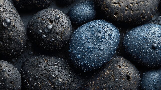 Close-up view of smooth, dark stones with water droplets.