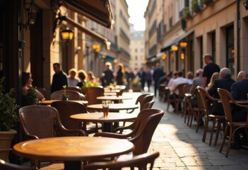 Naklejka premium Cozy outdoor café scene with people enjoying drinks in the evening light