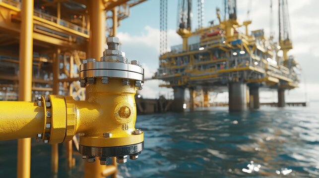 Yellow Valve on Oil Rig at Offshore Platform Under Blue Sky