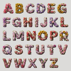 Flower Alphabet Letters, Realistic Floral Typeface

