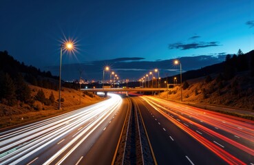 A busy highway at night with light trails from moving vehicles and streetlights illuminating the road