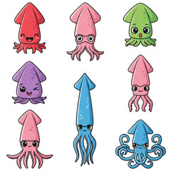 A Set of Cute Squid Vector Icons in Various Colors and Expressions
