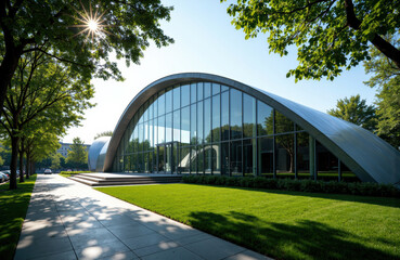 Modern glass building with curved architecture surrounded by lush green trees and a sunny sky