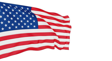 Obraz premium A vibrant American flag with crisp details gently waving, set against a transparent seamless studio background with ample copy space on the right. Concept of patriotism and national identity
