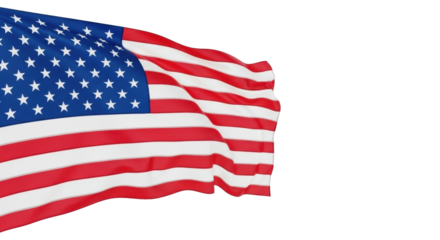 A vibrant American flag with crisp details gently waving, set against a transparent seamless studio background with ample copy space on the right. Concept of patriotism and national identity