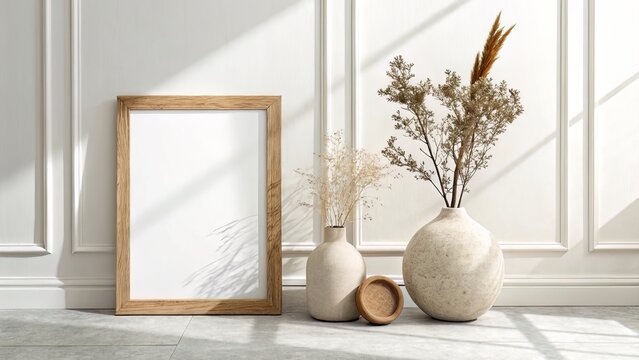 Neutral-toned mockup with a light wood vertical frame, styled with sculptural vases and dried florals under clean light