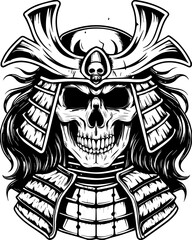 Fototapeta premium SVG of a samurai skull and skeleton in a powerful detailed tattoo style. Intricate Samurai Skull Artwork with Armor and Helmet Design