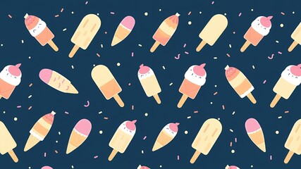 A pattern of ice cream pops and cones on a dark blue background with confetti sprinkles scattered around