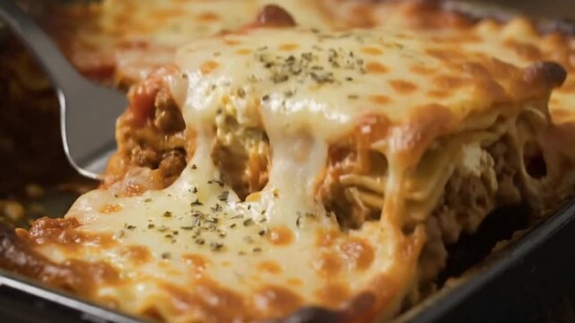 Closeup of a lasagna dish featuring a layer of melted cheese and herbs on top A serving utensil rests nearby