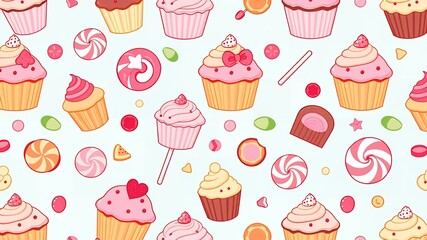 Seamless pattern featuring cupcakes lollipops and candies on a light blue background design art