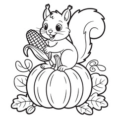 Cute Squirrel on Pumpkin Coloring Page – Woodland Animal with Corn and Autumn Leaves – Fall Harvest Line Art for Thanksgiving Kids Activity

