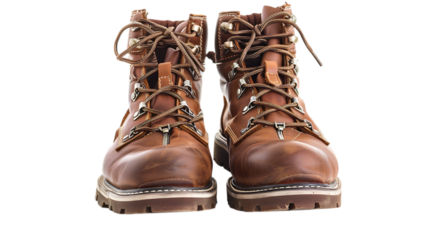 A pair of laced brown leather work boots are displayed facing forward on an isolated presentation