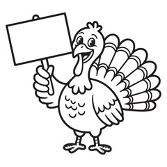 Thanksgiving Turkey with Sign Coloring Page – Cartoon Turkey Holding Blank Wooden Sign – Fun Holiday Line Art for Personalization and Classroom Use

