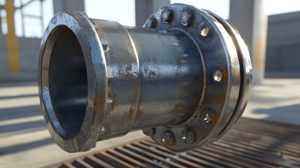 Industrial Metal Pipe Connector with Rust in Construction Site