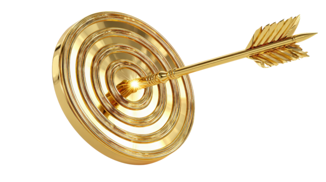 3D golden target with arrow made of light, symbolizing achievement, background isolated on a Transparent background, PNG file.
