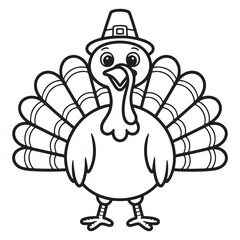 Thanksgiving Cartoon Turkey in Hat Line Art