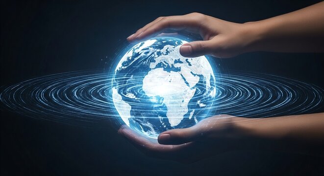 A pair of hands gently cradles a glowing, digital globe, surrounded by swirling energy, symbolizing global connectivity and technological advancement