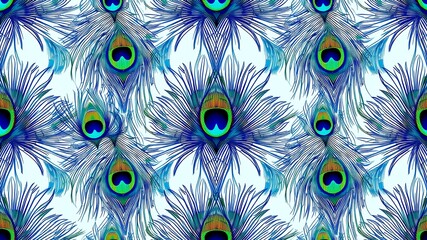 A seamless pattern of stylized peacock feathers with blue and green eyes on a light background
