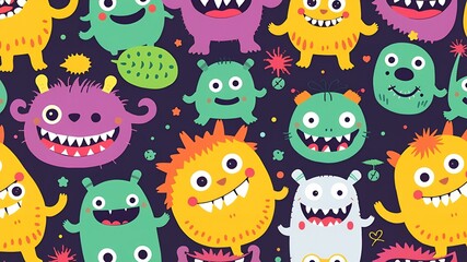 A colorful pattern of cartoon monsters with various expressions on a dark purple background design style