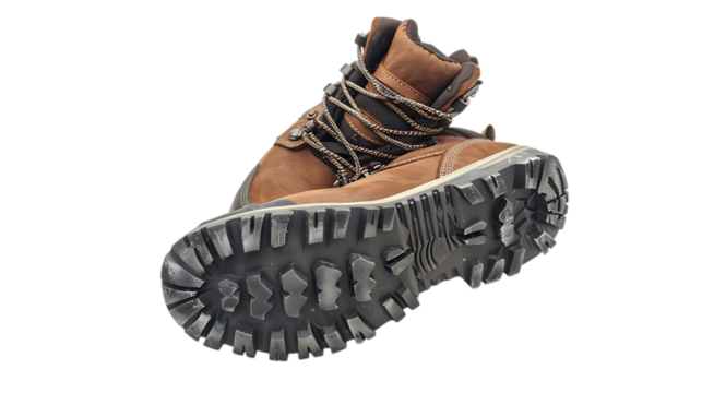 A pair of brown leather work boots with laces and a thick lug sole on an isolated setting