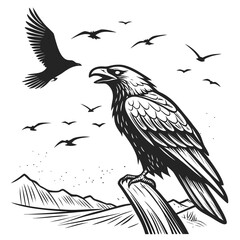 Majestic eagle perched amidst flying birds and mountain landscape