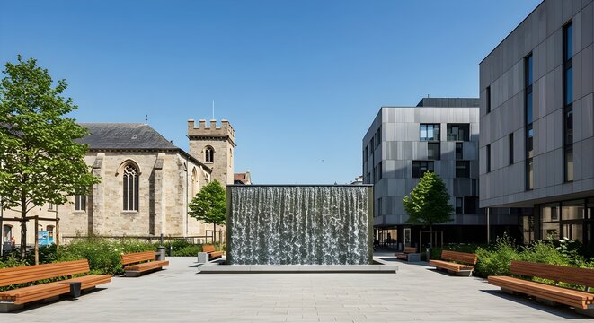 Sunlit Plaza Fountain with Concrete Basin and Modern Architecture structure 