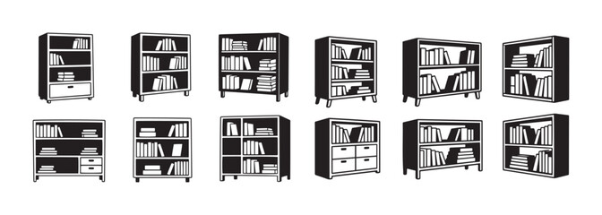 Bookshelf Icon Set, A versatile collection of black and white vector icons depicting various bookshelves filled with books, in different perspectives © Mizanur Rahman