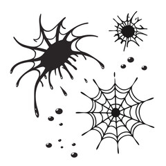 Black ink splatters and spider webs on white background