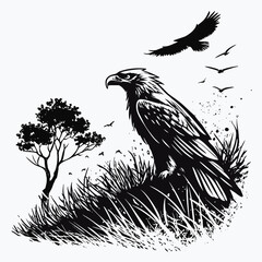 Majestic eagle perched in tall grass with birds flying in the sky