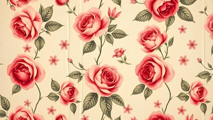 Seamless pattern of pink roses with green leaves and small pink flowers on a light beige background