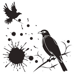 Black silhouette of a bird perched on a branch with a flying bird and ink splatters