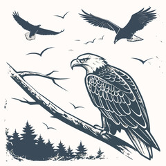 Majestic bald eagle perched on a branch with soaring eagles and forest silhouette