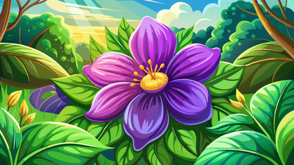 Close up of purple flower and green leaf in garden under summer sunlight reveals nature’s gentle beauty. Semi-realistic vector style captures each delicate curve glowing in warm golden light.