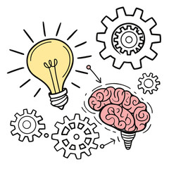 Brain and lightbulb with gears illustrating idea generation and thinking process