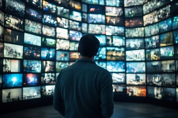 Man standing in front of large video wall filled with diverse screens displaying global events and media content