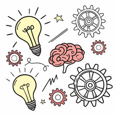 Brainstorming and innovation with lightbulbs and gears illustration