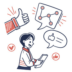 Person using a tablet receiving positive feedback and social network connections