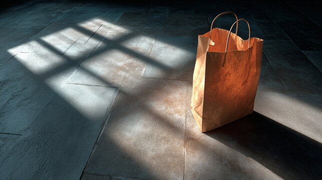 Brown paper shopping bag in sunlight on industrial tile floor