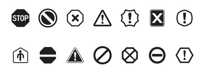 Warning & Stop Signs, A versatile collection of black and white vector icons for warning, stop, and prohibition