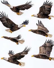 Obraz premium A stunning series of Bald Eagles in flight, showcasing their majestic wingspan and fierce determination across a bright sky.
